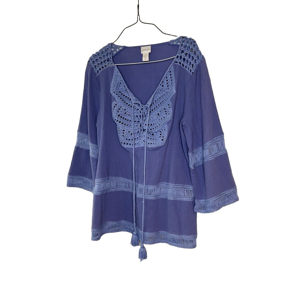 Chico's Blue Boho Hippy cottage core sz 1 M Top Blouse (15